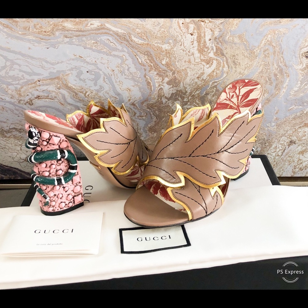 Gucci Webby Leaf Taupe Multicolor Leather Mules - Picture 2 of 8